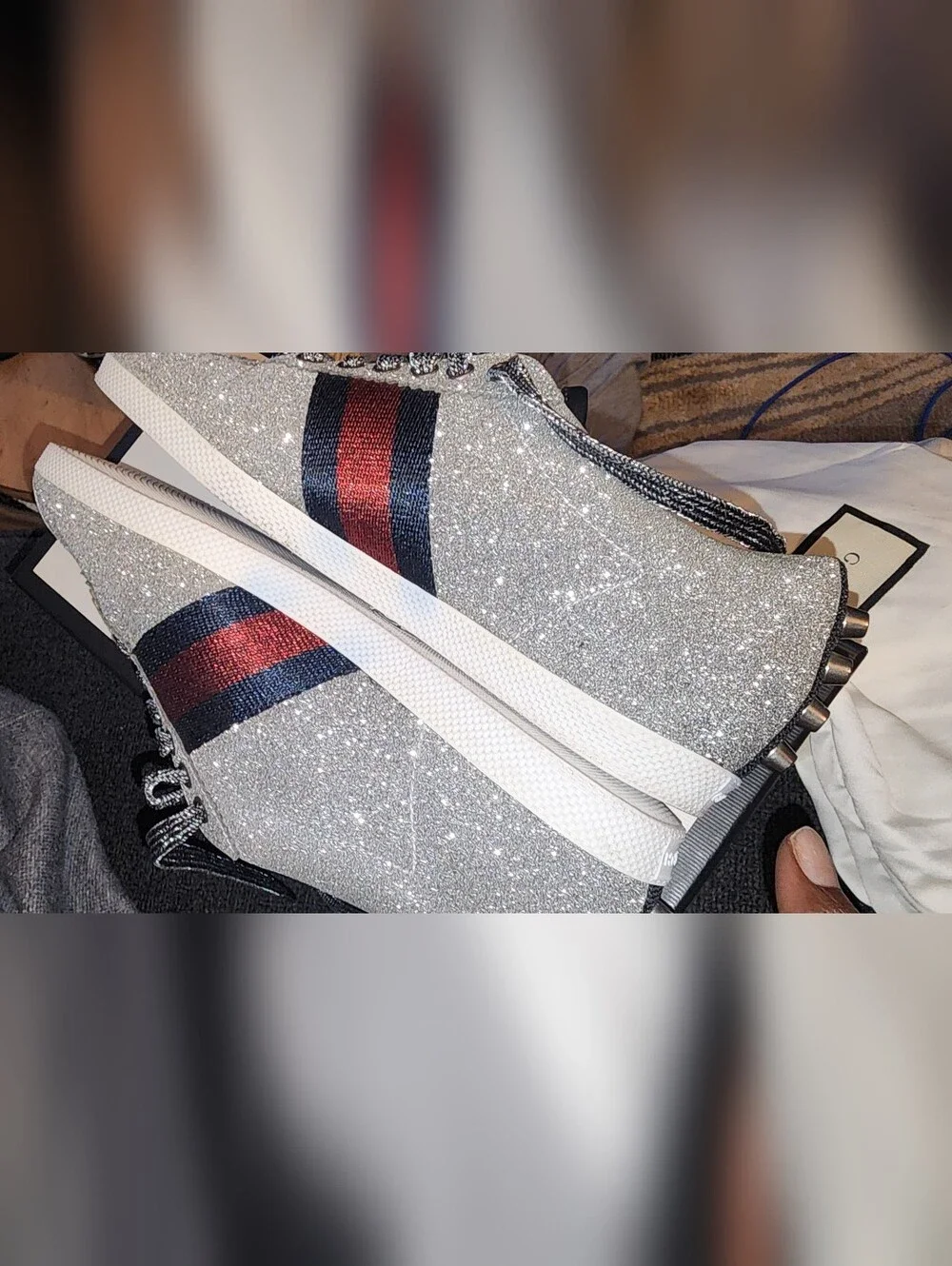 Gucci Silver Glitter Low-Top Sneaker with Red & Blue Stripe